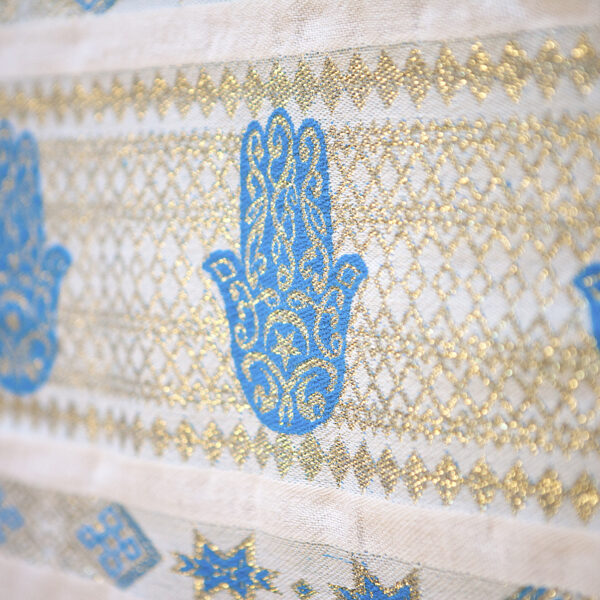 Handmade White Throw-Royal Blue Hand of Fatima (2.5m x 1.5m)