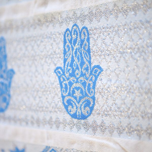 Handmade White Throw-Sky Blue Hand of Fatima (2.5m x 1.5m)